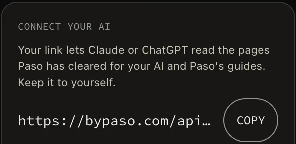 The Connect your AI block in a sample portal, with a sample connection link and the Copy control beside it.