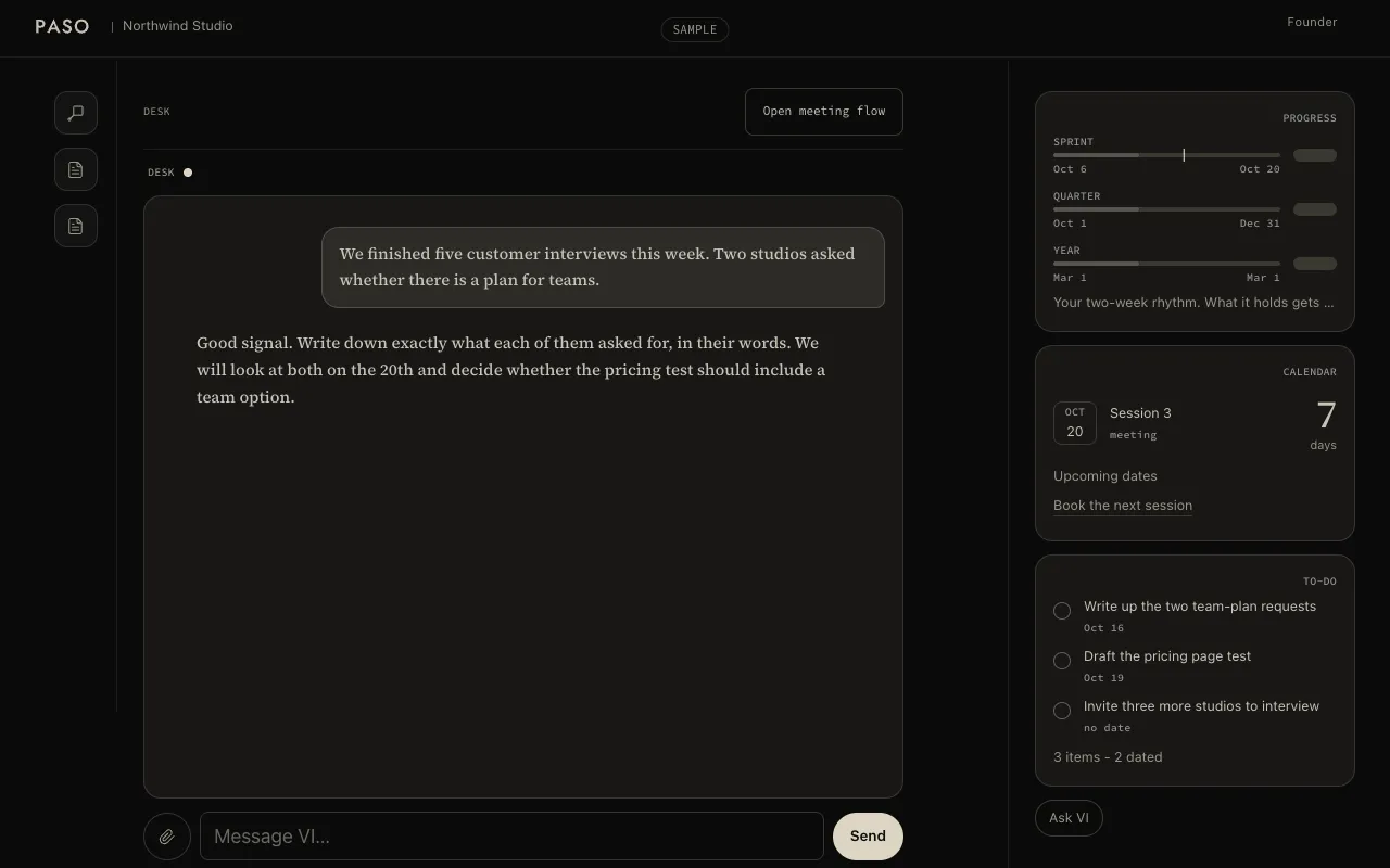 A sample portal for a fictional venture: DESK in the middle with a short conversation, the PROGRESS, CALENDAR and TO-DO cards on the right, and the tool icons on the left.